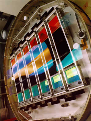 A photo of the SDSS camera, showing six columns of five color filters each